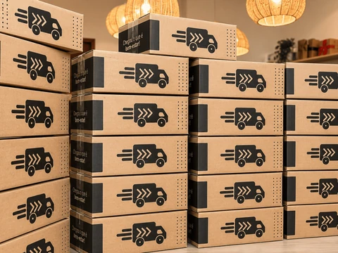 Caixas de brindes organizadas para armazenamento e envio.