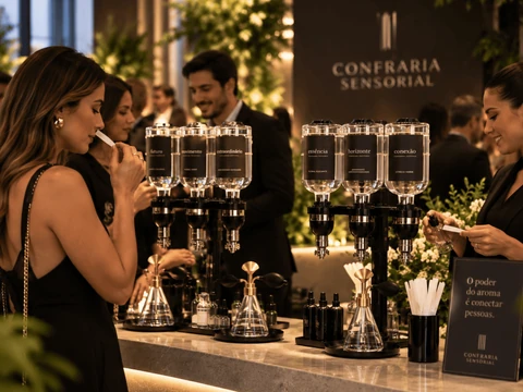 Convidados explorando aromas em uma ativação para eventos.